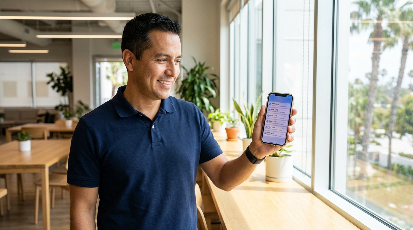 Dueño de empresa de restauración recibiendo leads en su teléfono